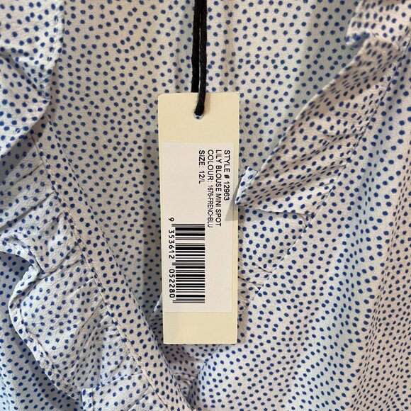 NWT Rolla's Lily Blouse Blue Micro Dot Print Ruffle Front Long Sleeve Size 12/L - Picture 3 of 7